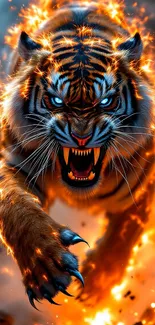 A fierce, fiery tiger charging ahead with flames around it.