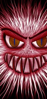 Fierce red monster with menacing grin on dark background.