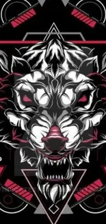 Geometric wolf artwork in black and red hues.