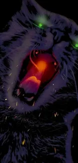 Fierce cat with glowing eyes and mouth in dynamic wallpaper art.