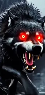 Fierce wolf with glowing red eyes in dark setting.