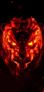 Fierce glowing lion with fiery red hues on a dark background.