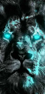 Fierce lion with glowing turquoise eyes wallpaper.