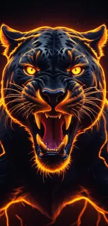 A fierce neon black panther snarls with glowing orange eyes.