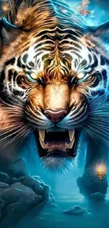 Fierce glowing tiger wallpaper with blue and orange hues for mobile phones.