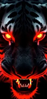 Fierce tiger with glowing eyes and red accents in a captivating wallpaper.