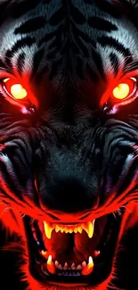 Fierce glowing tiger with piercing red eyes