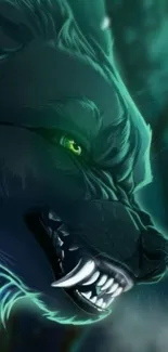 Fierce glowing wolf art with vibrant green eyes in a dark forest setting.