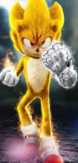 Golden character with dynamic energy on wallpaper.