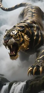 Fierce golden tiger in a dynamic pose with roaring expression.