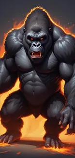 Fierce gorilla with fiery background, intense expression.