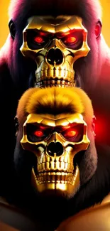 Gorilla with golden skull and glowing red eyes mobile wallpaper.