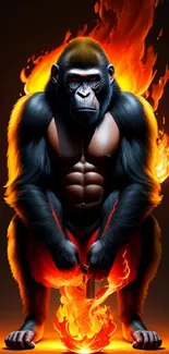 Gorilla engulfed in vibrant flames in a dynamic mobile wallpaper.