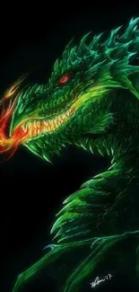 A vibrant green dragon breathing fire.