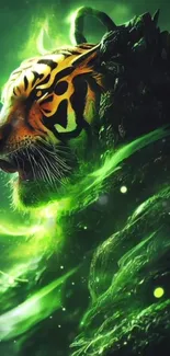 Digital artwork of a glowing green tiger in a mystical setting.