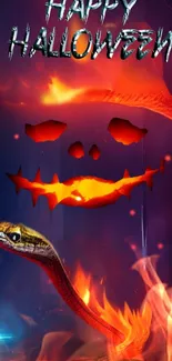 Halloween wallpaper with glowing pumpkin, snake, and fiery effects.