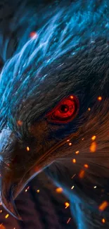 Fierce hawk with glowing red eyes and blue feathers in dynamic pose.