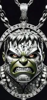 Hulk pendant with fierce expression and diamond detailing.