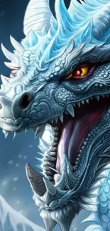 Detailed illustration of a fierce ice dragon with bright eyes.