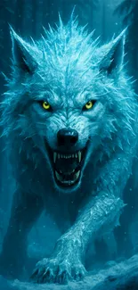 Fierce ice wolf in a blue forest.