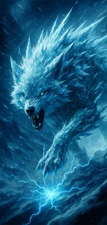 Fierce ice wolf surrounded by stormy elements on a mobile wallpaper.
