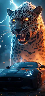 Jaguar and sports car under stormy lightning-filled sky.