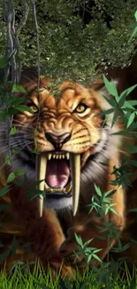 Snarling tiger emerging from jungle foliage, vivid and fierce.