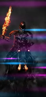 Mysterious knight with fiery sword riding into darkness on a black horse.