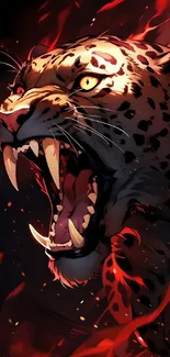 Fierce leopard illustration with vibrant red hues and sharp detail.