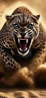 Fierce leopard charging with an intense gaze against a dusty background.