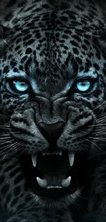 Mobile wallpaper of a fierce leopard with glowing blue eyes.