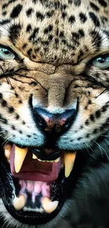 Close-up image of a snarling leopard with golden brown fur.