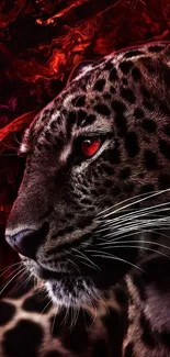 Close-up of a fierce leopard with striking red eyes.