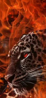 Fierce leopard with fiery background, vivid flames enveloping face.