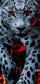 Fierce leopard in a fiery, dynamic pose with vibrant colors.
