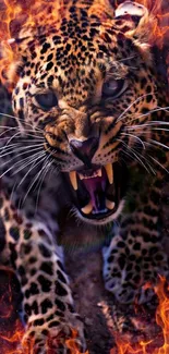 Fierce leopard surrounded by flames, creating a dynamic phone wallpaper design.