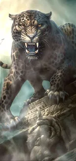 Fierce leopard on ancient ruin amid a mysterious jungle scene.