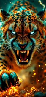 Fierce leopard with glowing eyes and electric sparks on a dynamic wallpaper.