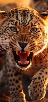 Fierce leopard roaring with golden brown fur in striking mobile wallpaper.