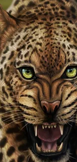 Fierce leopard close-up showcasing its detail and vibrant yellow eyes.