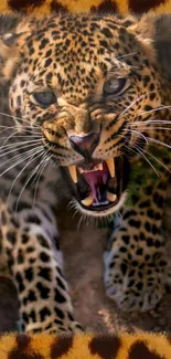 Fierce leopard roaring in jungle wallpaper showcasing its intense gaze.