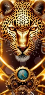 Steampunk leopard with golden gears, a striking mobile wallpaper design.