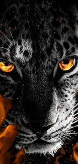 Fierce leopard with fiery eyes and flames mobile wallpaper.