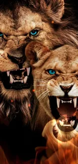 Fierce lion and lioness with blue eyes, dark background.