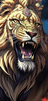 Fierce lion artwork with roaring expression on mobile wallpaper.