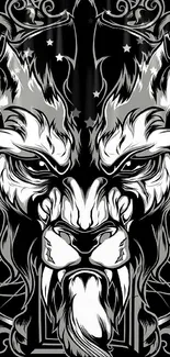 Fierce black and white lion tribal art wallpaper for mobile.