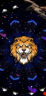 Lion and eagle in cosmic galaxy wallpaper with starry background.