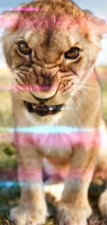 Fierce lion cub snarling in nature.