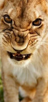 Close-up of a fierce lion cub in nature.