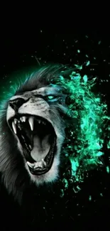 Fierce roaring lion in teal digital art on dark background.